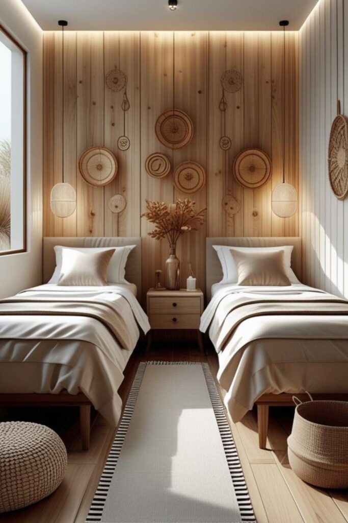 Narrow Room Twin Beds with Head-to-Head Layout and Calm Neutrals