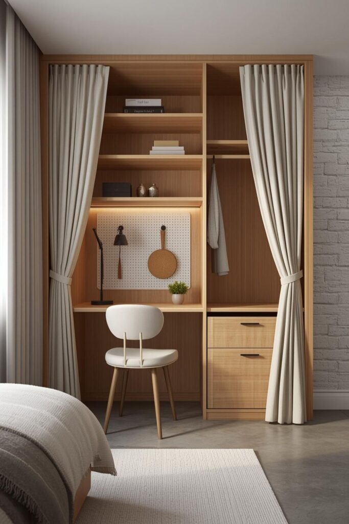 Natural Birch Built-In Desk with Open Wardrobe and Curtains