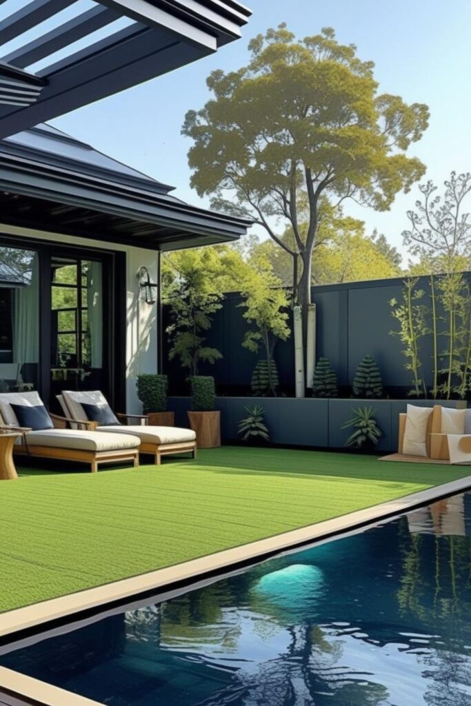 Natural Wood Pergola With Ivory Lounge Chairs and Black Planter Edge
