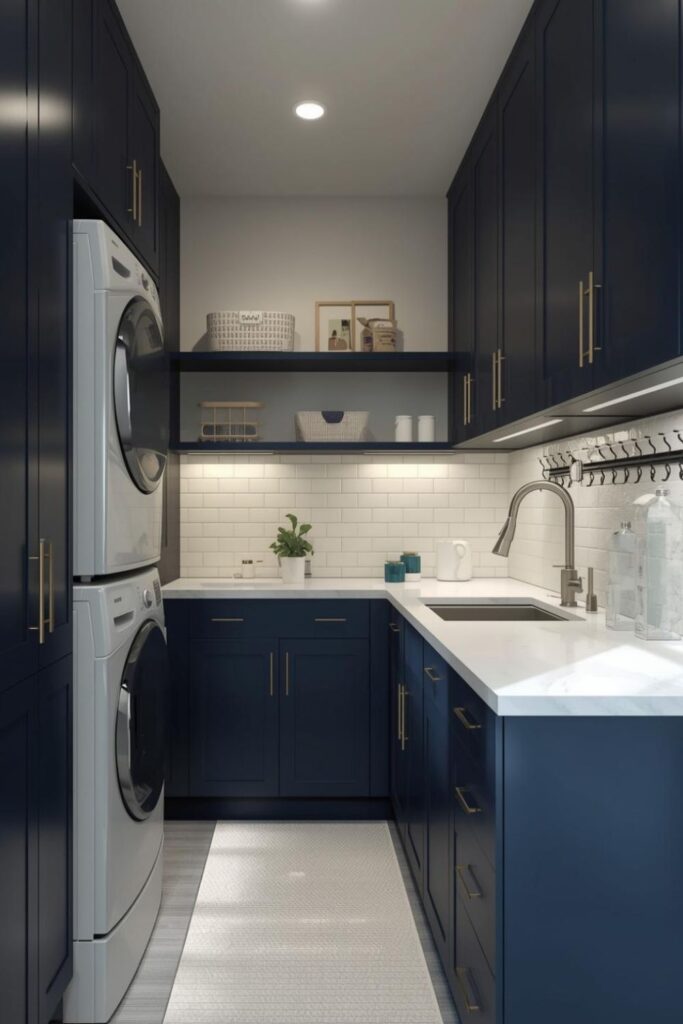 Navy Blue Utility Room With Galley Layout And Floating Upper Shelves