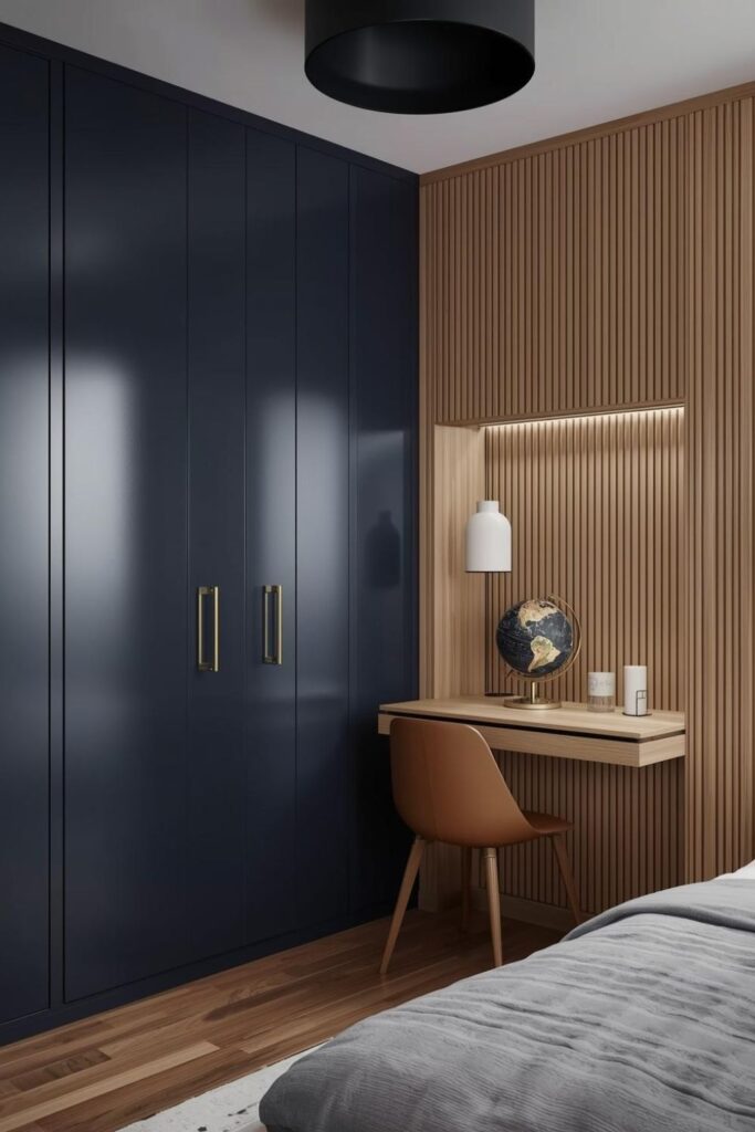 Navy Built-In Wardrobe with Compact Desk and Peg Rail