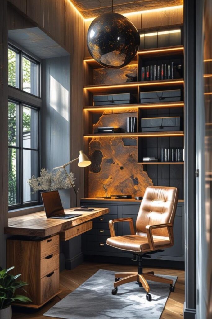 Navy Paneled Alcove With Brass Fanoose And Tall Shelving