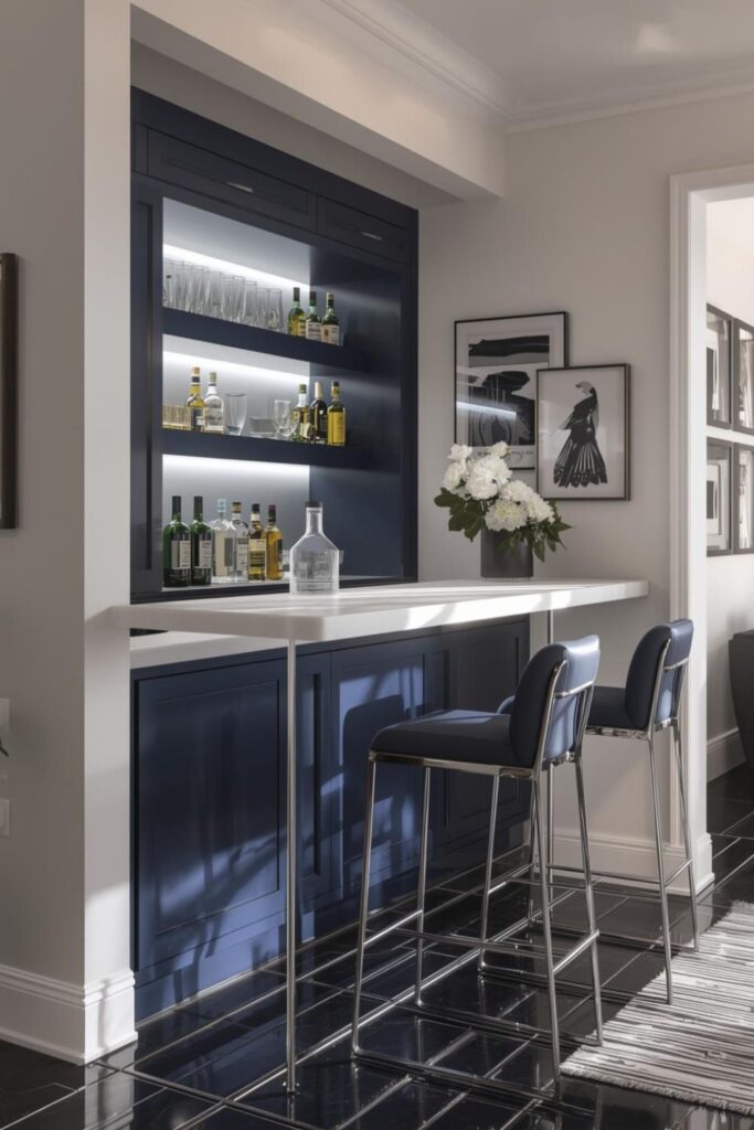Navy and Chrome Under-Stairs Bar with Gloss Tile