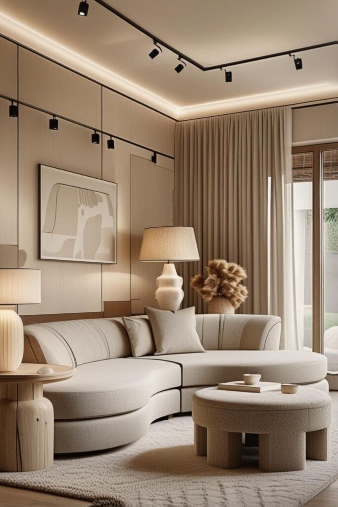 Oatmeal Sectional With Black Track Lighting and Jute Texture