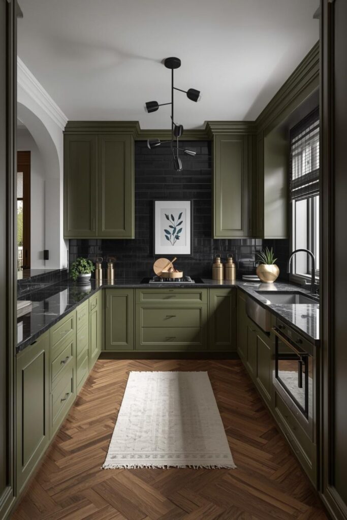 Olive Green Cabinets With Dark Stone Countertops