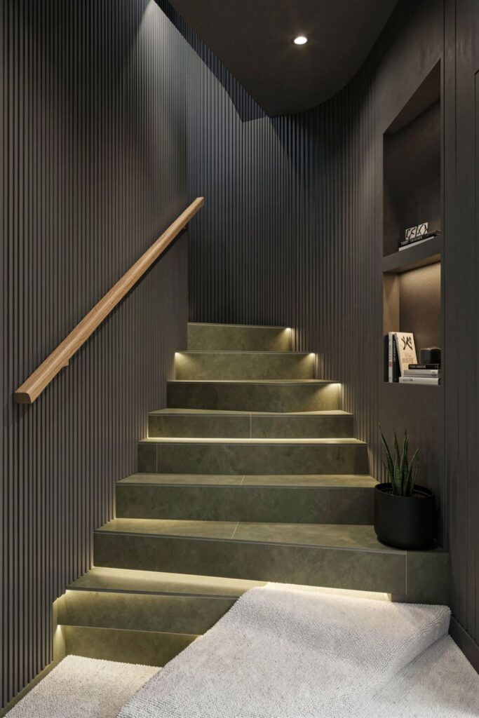 Olive Microcement-Look Tiles with Oak Handrail and Niches