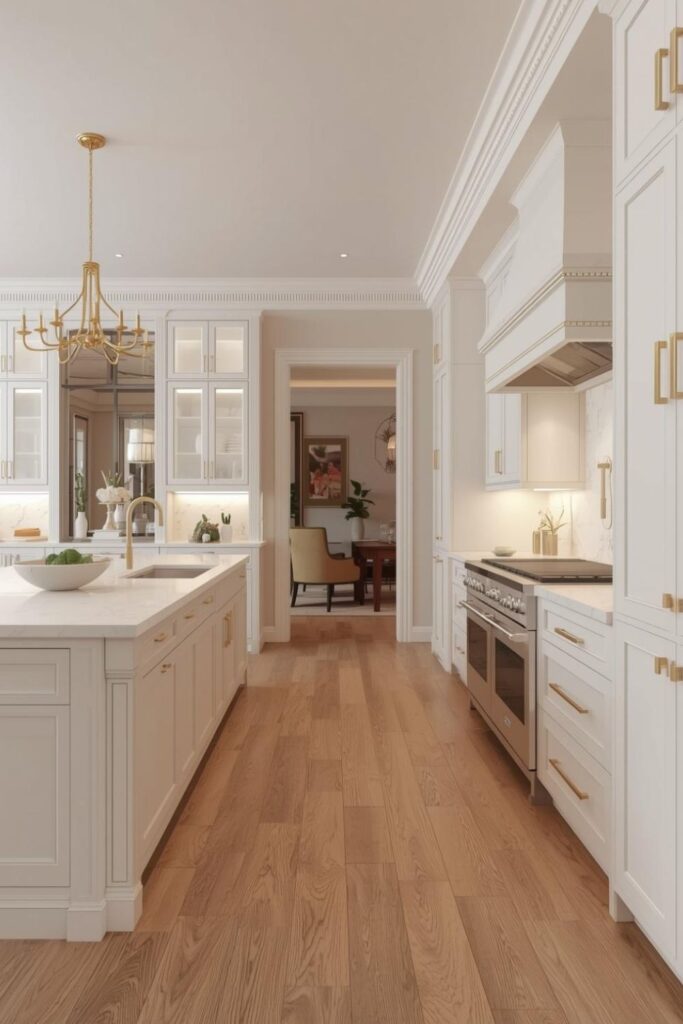 Open-Concept Kitchen with Layered Lighting and Ivory-Gold Balance