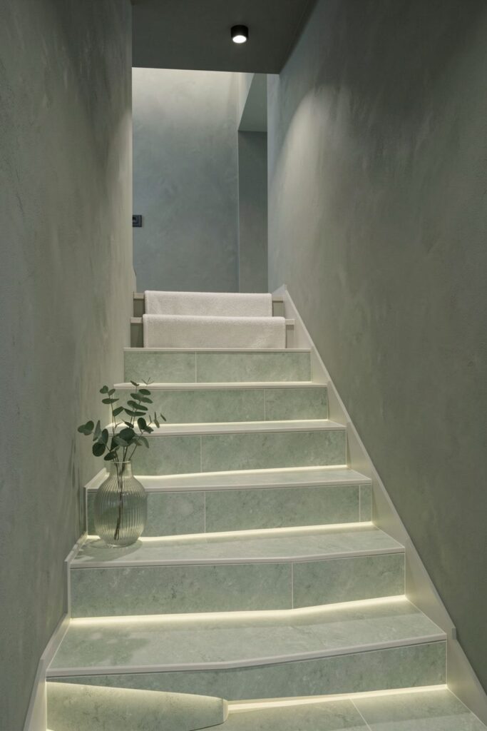 Pale Sage Textured Tiles with Integrated LED Under-Tread Glow