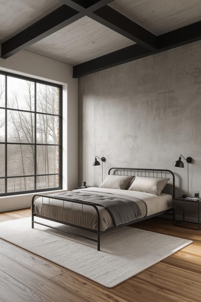 Pale Spruce Ceiling With Black Sconces and Soft Taupe Textures