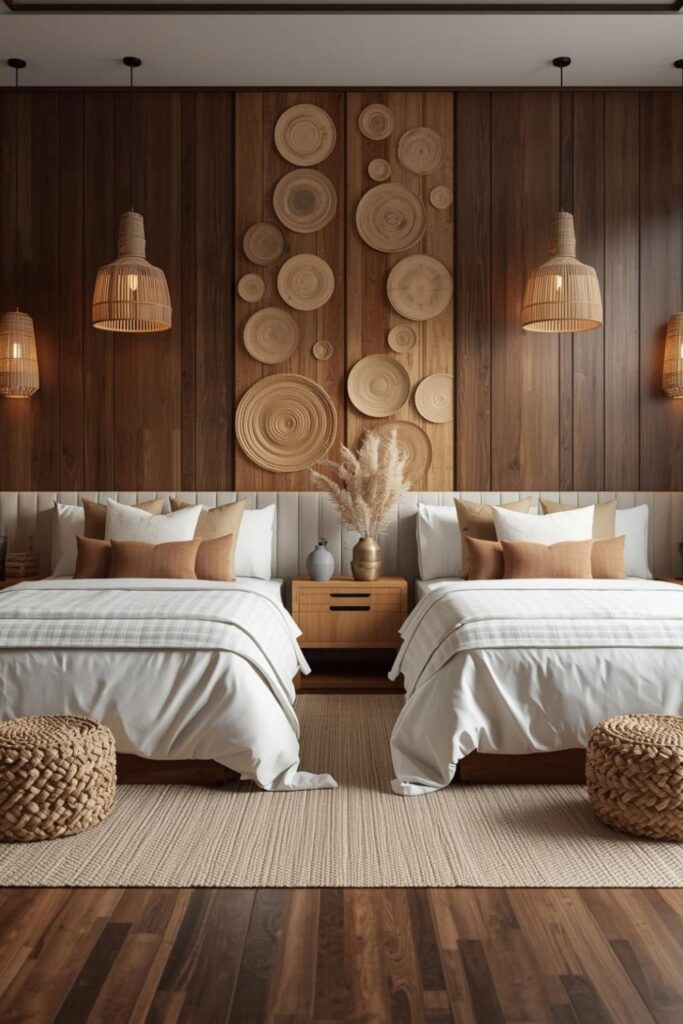 Parallel Twin Beds with Walnut Wall and Desert-Tone Textiles