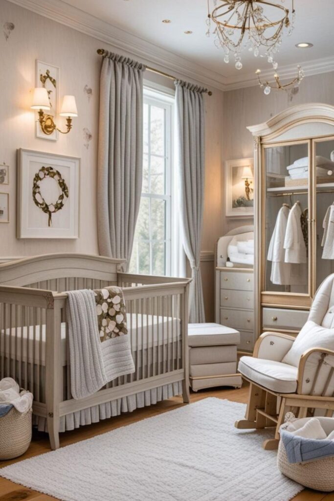 Peachy Neutral Nursery With Heirloom Quilt and Classic Sconces