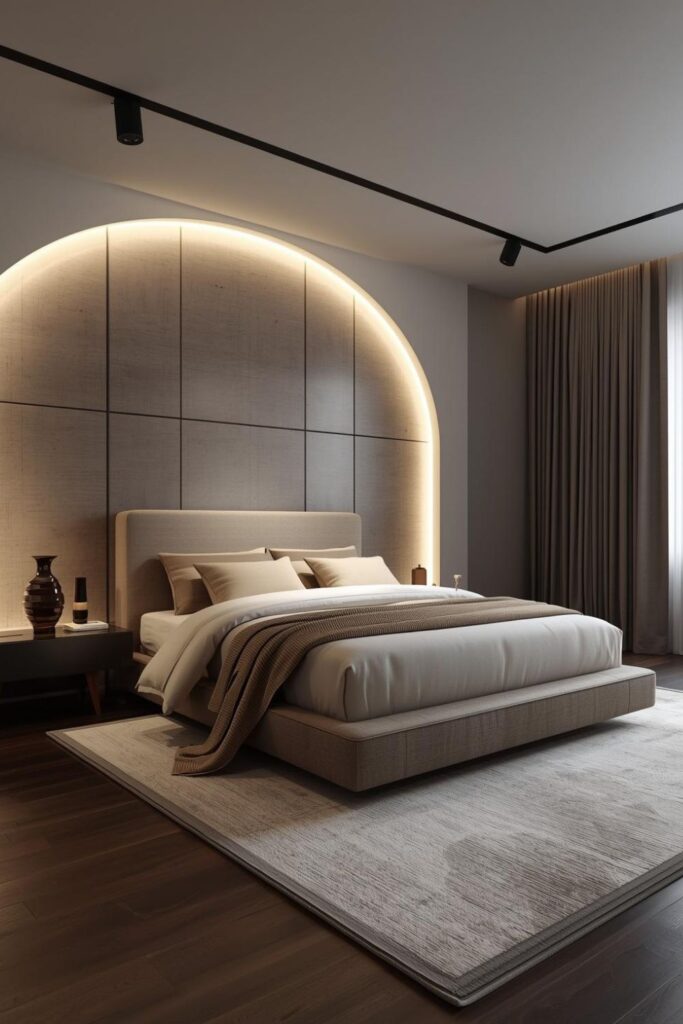 Pillow-Back Upholstered Bed with Microcement Curved LED Wall
