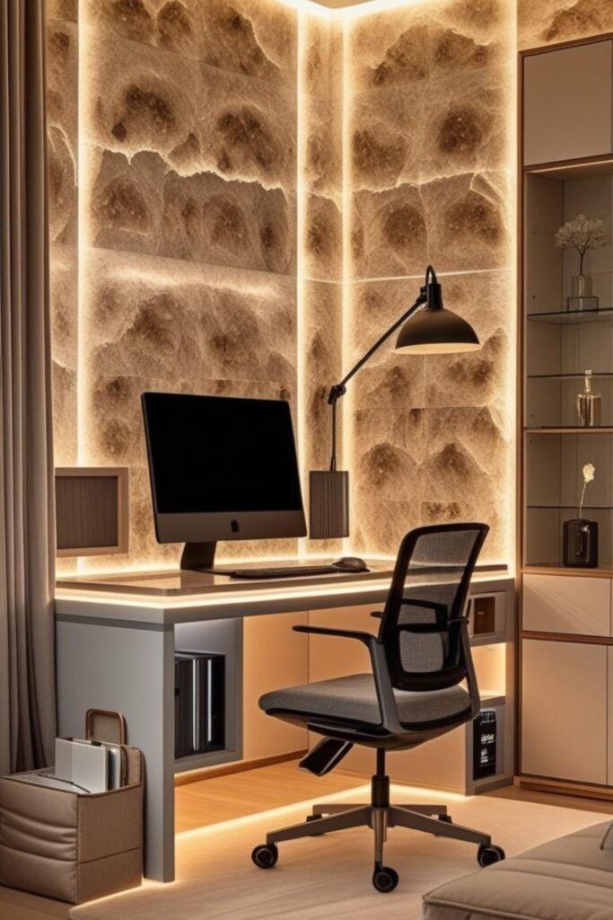 Polished Concrete Look With White Desk And Glass-Front Cabinets