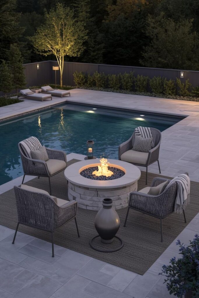 Poolside Fire Pit With Pale Stone Pavers and Low Seating