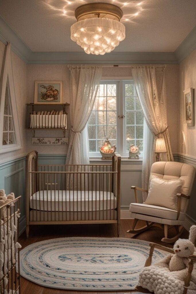 Powder Blue Nursery With Spindle Crib and Vintage Airiness