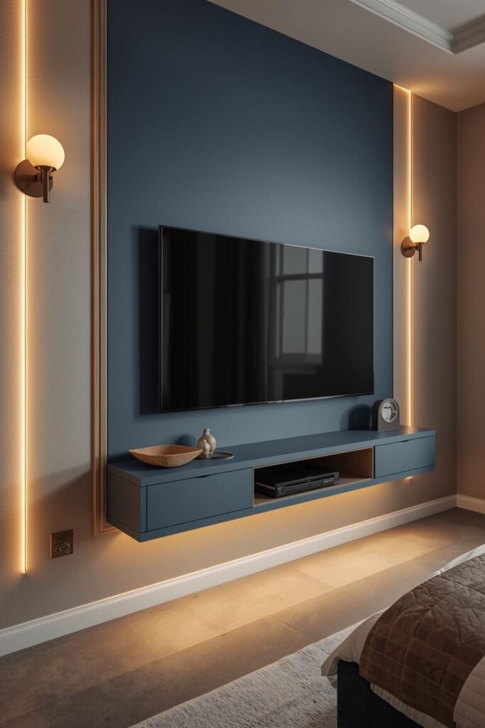 Powder Blue TV Unit With Light Ash Wood and Soft Curves