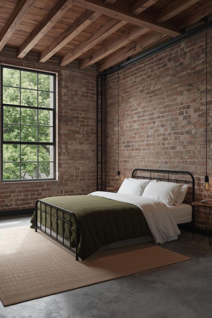 Reclaimed Wood Beams With Exposed Brick and Olive Bedding