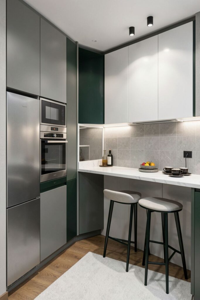 Refined Small Kitchenette with Integrated Pantry Pull-Out and Quartz Shelf