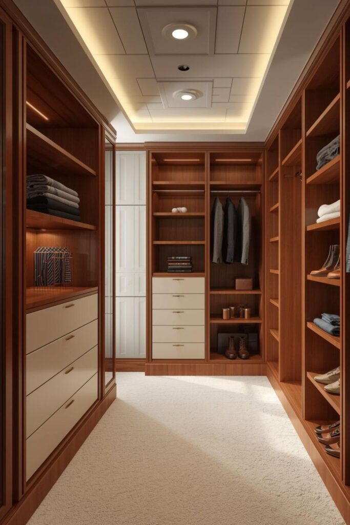 Rich Cherry Built-Ins with Cream Drawers and Warm Ceiling Lights
