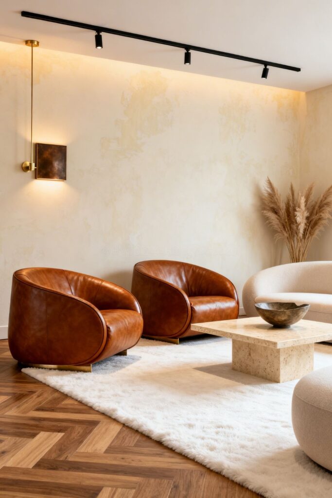 Rounded Leather Lounge Chairs With Travertine and Warm Metal