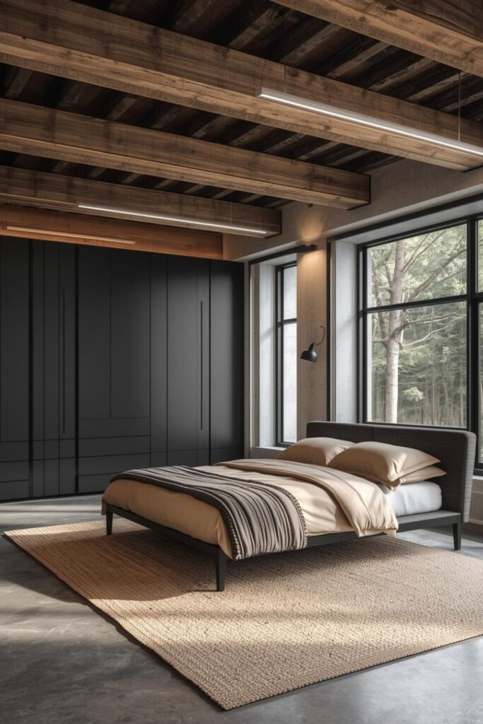 Rustic Fir Beams With Matte Black Wardrobe Wall