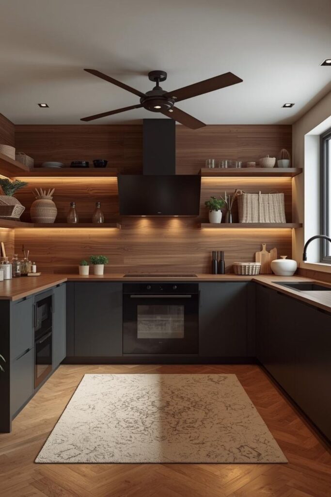 Rustic-Modern Basket Wall With Walnut And Matte Black Foundation