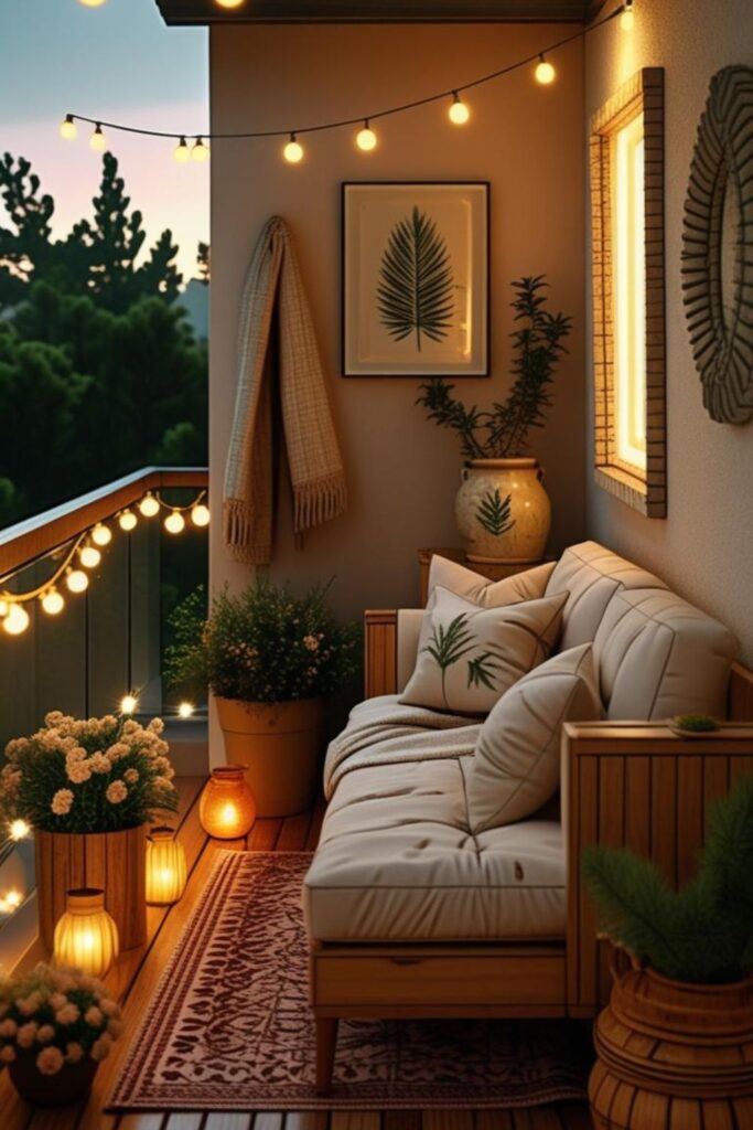 Rustic Wood Terrace Lounge With Reclaimed Textures And Soft Lantern Light