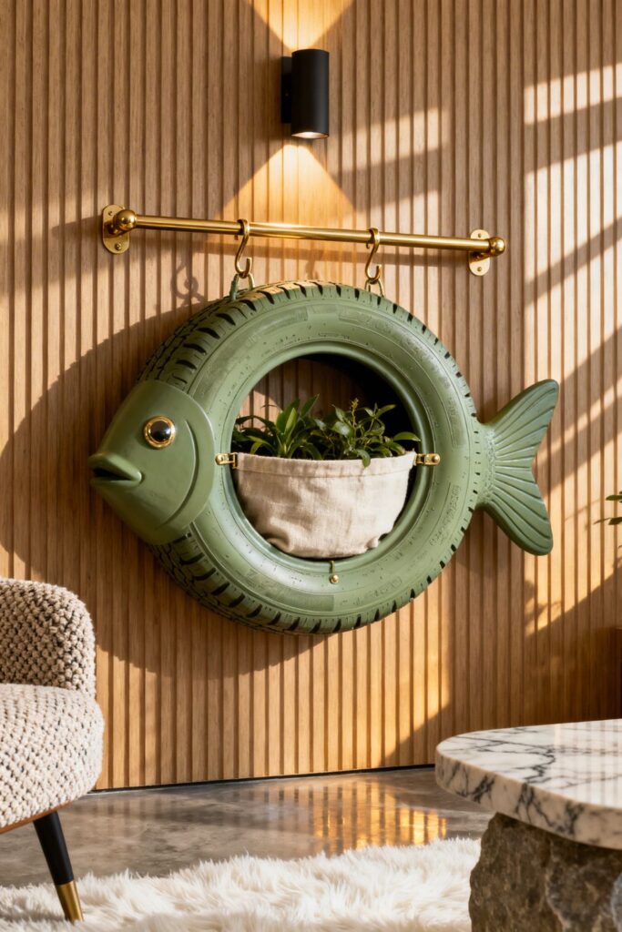 Sage Green Tire Fish Planter with Brass Hook Detail