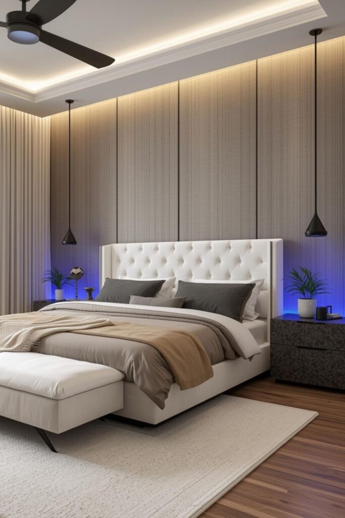 Sand and Slate Bedroom with Textured Fabric Panels and Blue Mood Light
