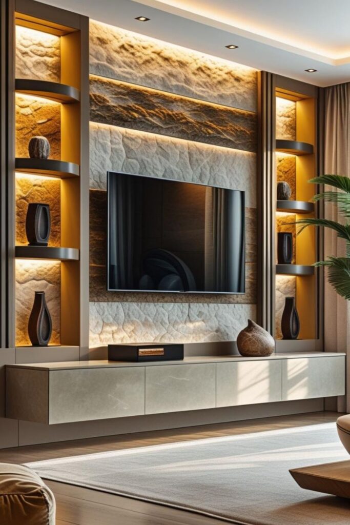 Sandstone Panel With Curved Shelf Cutouts and Soft Under-Cabinet LEDs