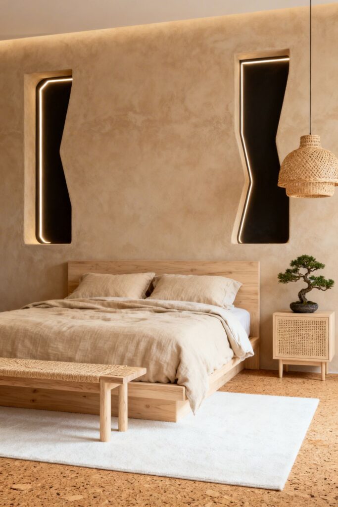 Sandy Beige Japandi Layout With Dark LED Niche Lighting