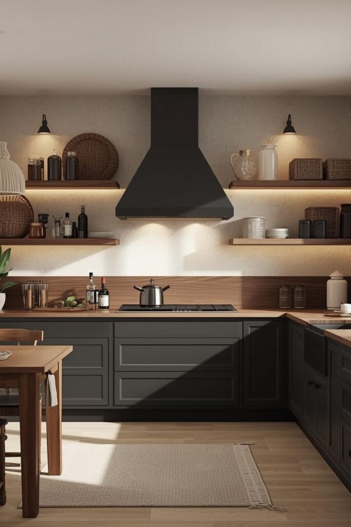 Scandinavian-leaning Black Base With Walnut And Linen Texture
