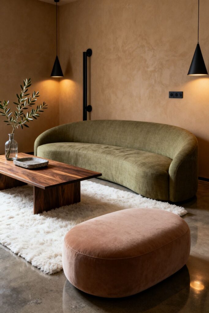 Sculptural Linen Sofa in Sage With Charcoal Lighting