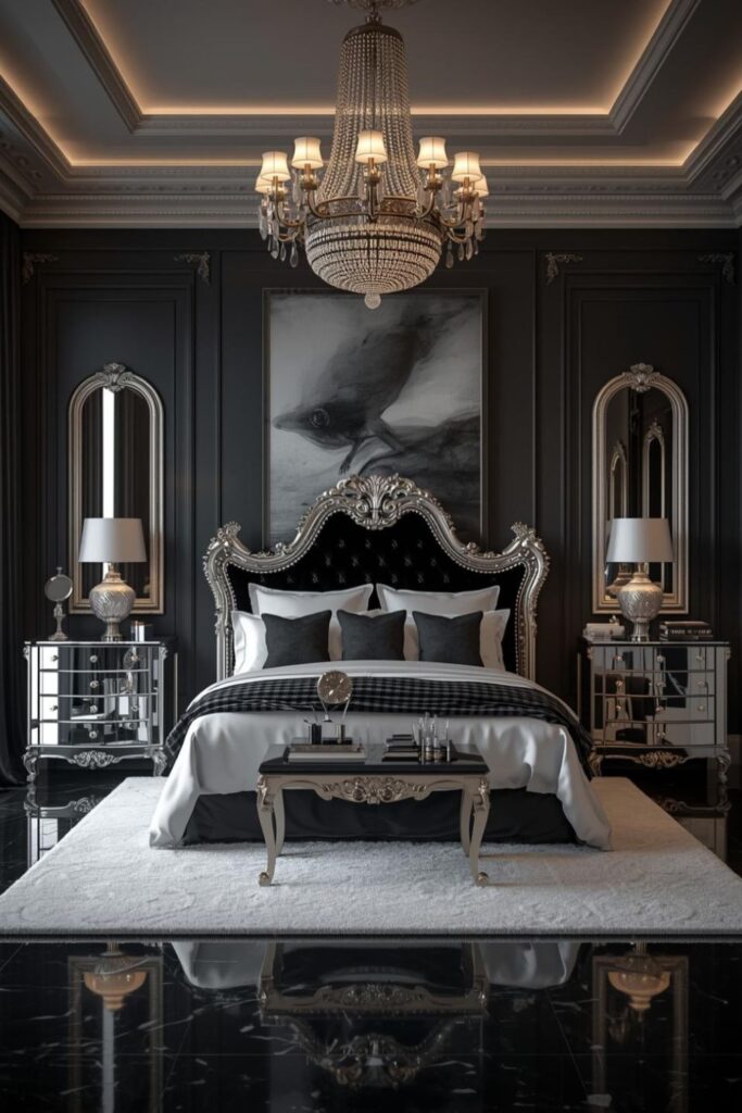 Silver and Black Royal Bedroom With Mirrored Nightstands and Shine