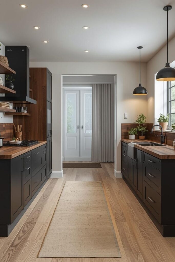 Sleek Galley Layout With Walnut Paneling And Black Cabinetry