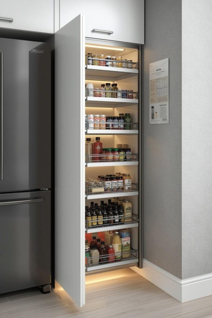Slim Pull-Out Pantry Between Fridge and Wall for Small Kitchens