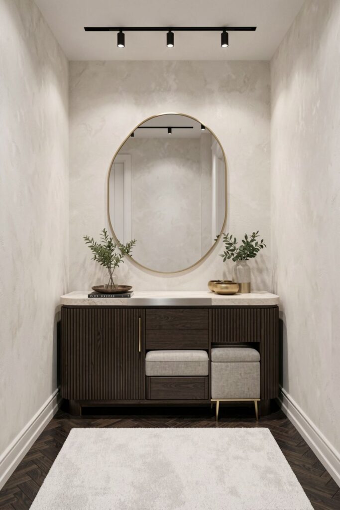 Small Luxe Entryway with Fluted Console, Mirror, and Shoe Drawers