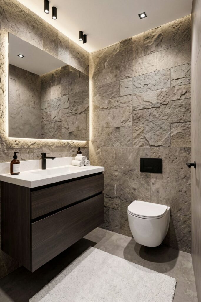 Small Luxury Bathroom with Floating Vanity, Drawer Storage, and Stone Tile