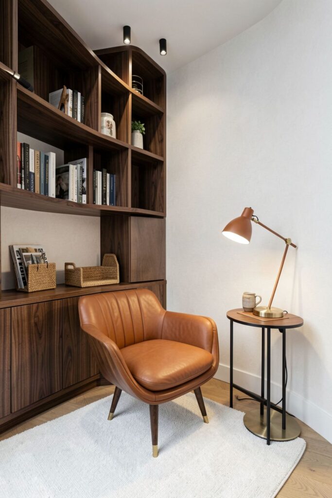 Small Luxury Reading Corner with Built-In Book Shelves and Leather Lamp