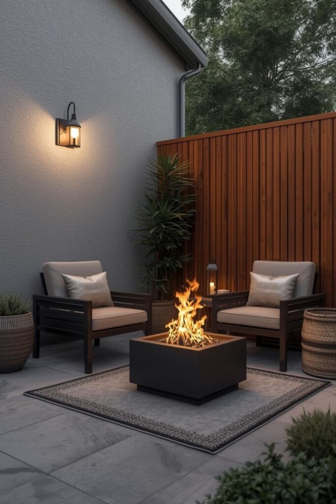 Small Patio Corner Fire Pit With Vertical Privacy Screen