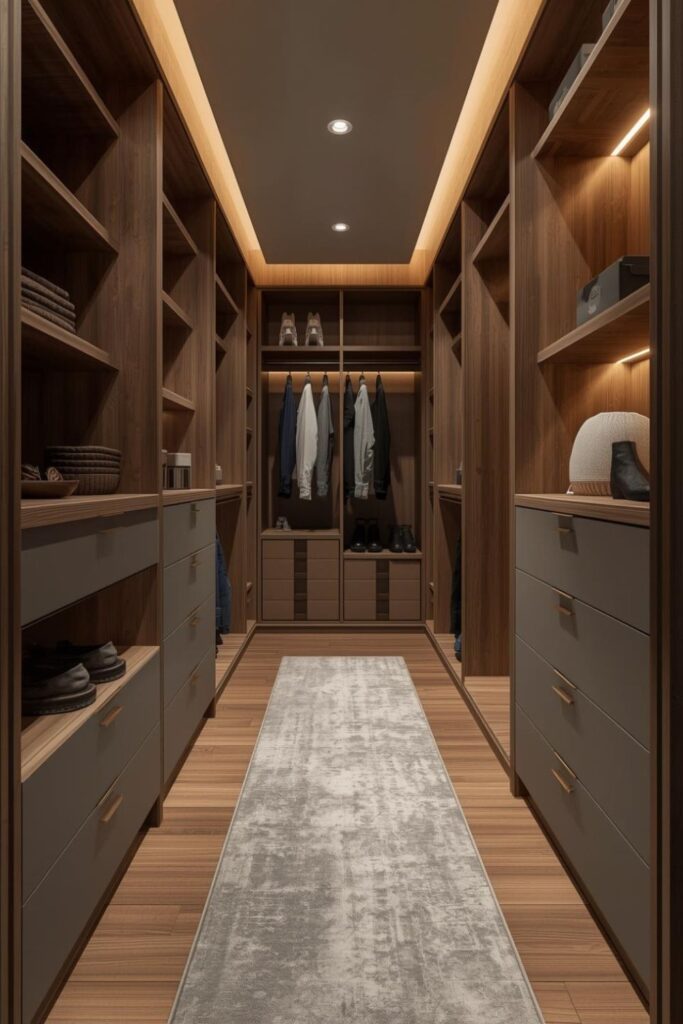 Smoked Oak Narrow Hallway Closet with Warm Gray Drawers
