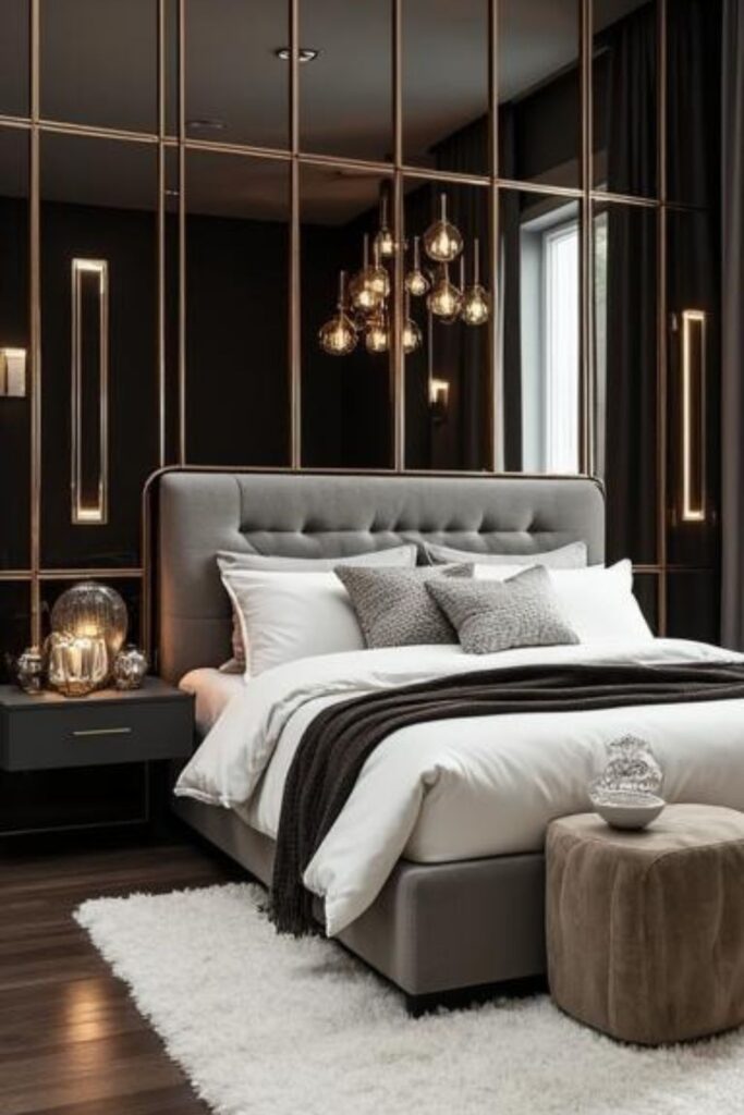 Smoky Mirror Wall Sections With Warm Pendant Cluster