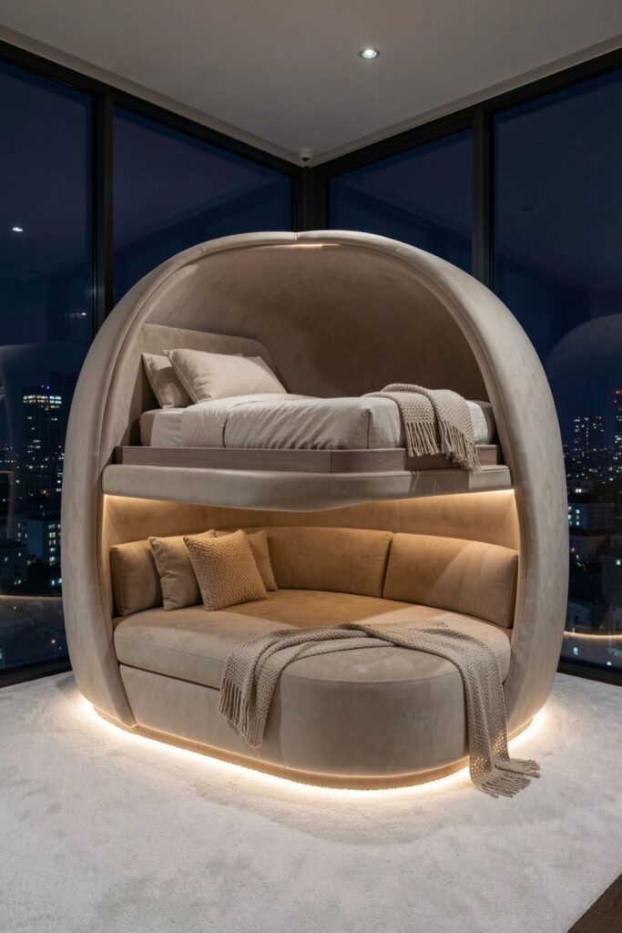 Soft Beige Loft Capsule With Curved Sofa Reading Nook