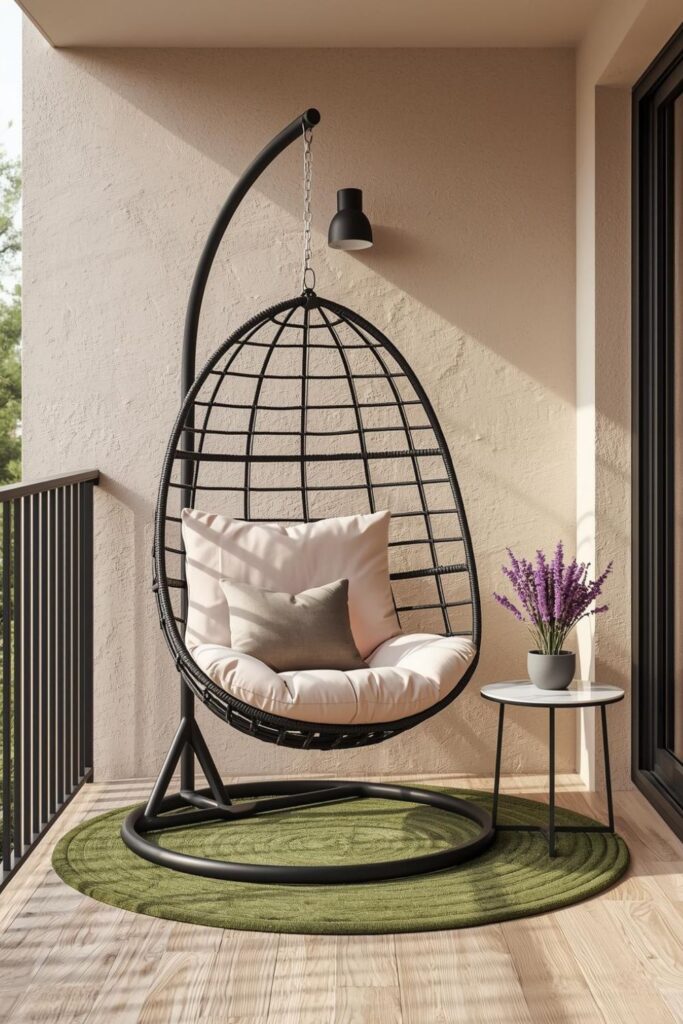 Soft Blush Egg Chair with Light Oak Decking Underfoot