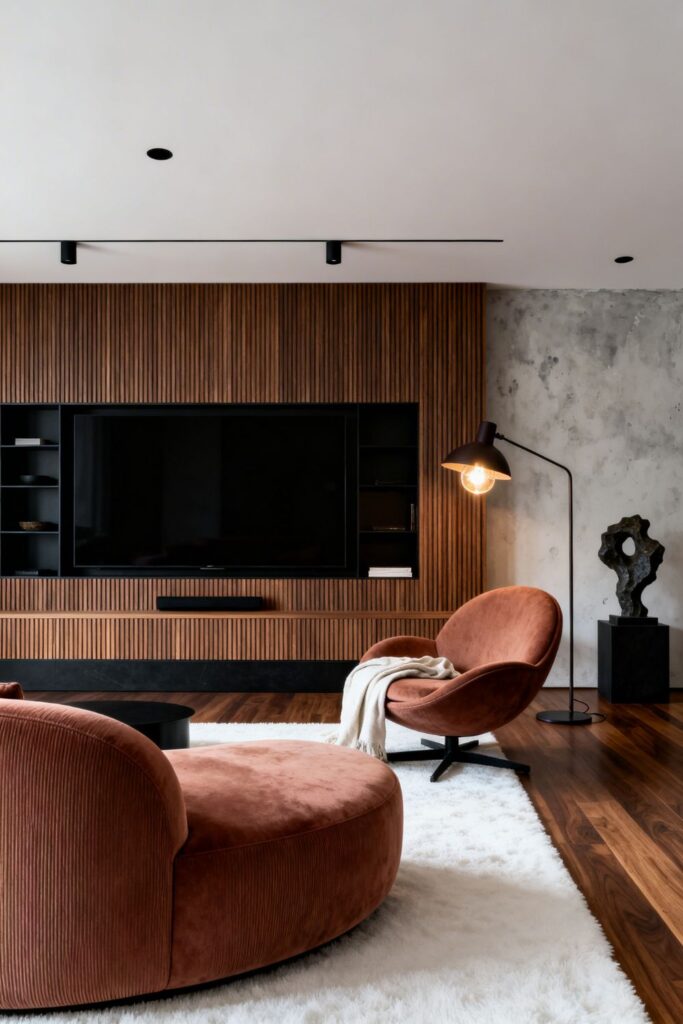 Soft Clay Velvet Sofa With Ribbed Oak Media Wall