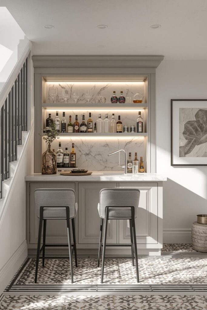 Soft Gray Under-Stairs Bar with Bold Marble Look and Pattern Tile