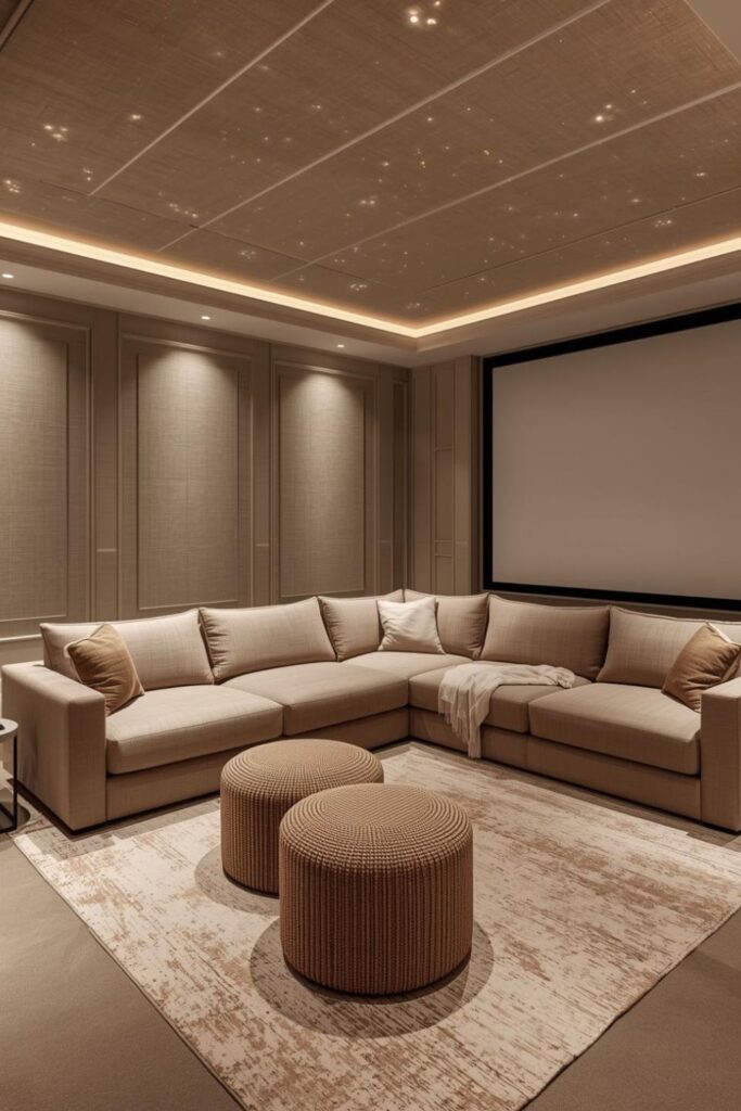 Soft Greige Cinema Lounge With Bouclé Ottomans And Star Ceiling
