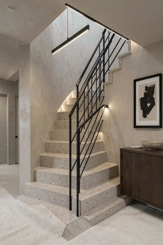 Soft Greige Terrazzo Tiles with Black Steel Stringers