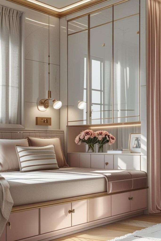 Soft Greige Wardrobe with Ribbed Panels and Built-In Reading Bench