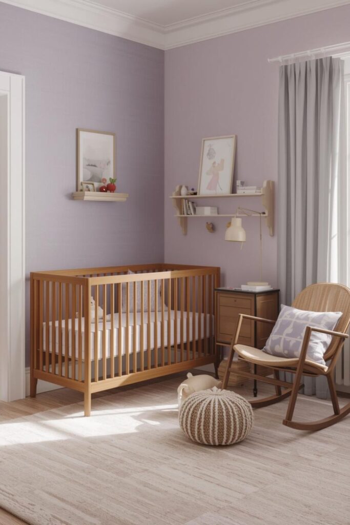 Soft Lavender Nursery With Antique Toy Shelf and Textures